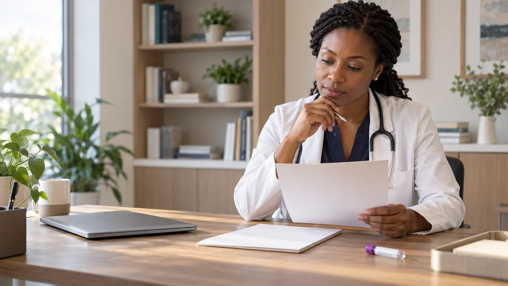 A clinician reviews a blank verification checklist before discussing a future collection arrangement.