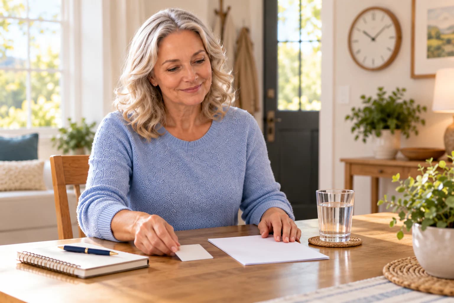 A patient has a provider order, identification and water ready on a table before a planned visit.