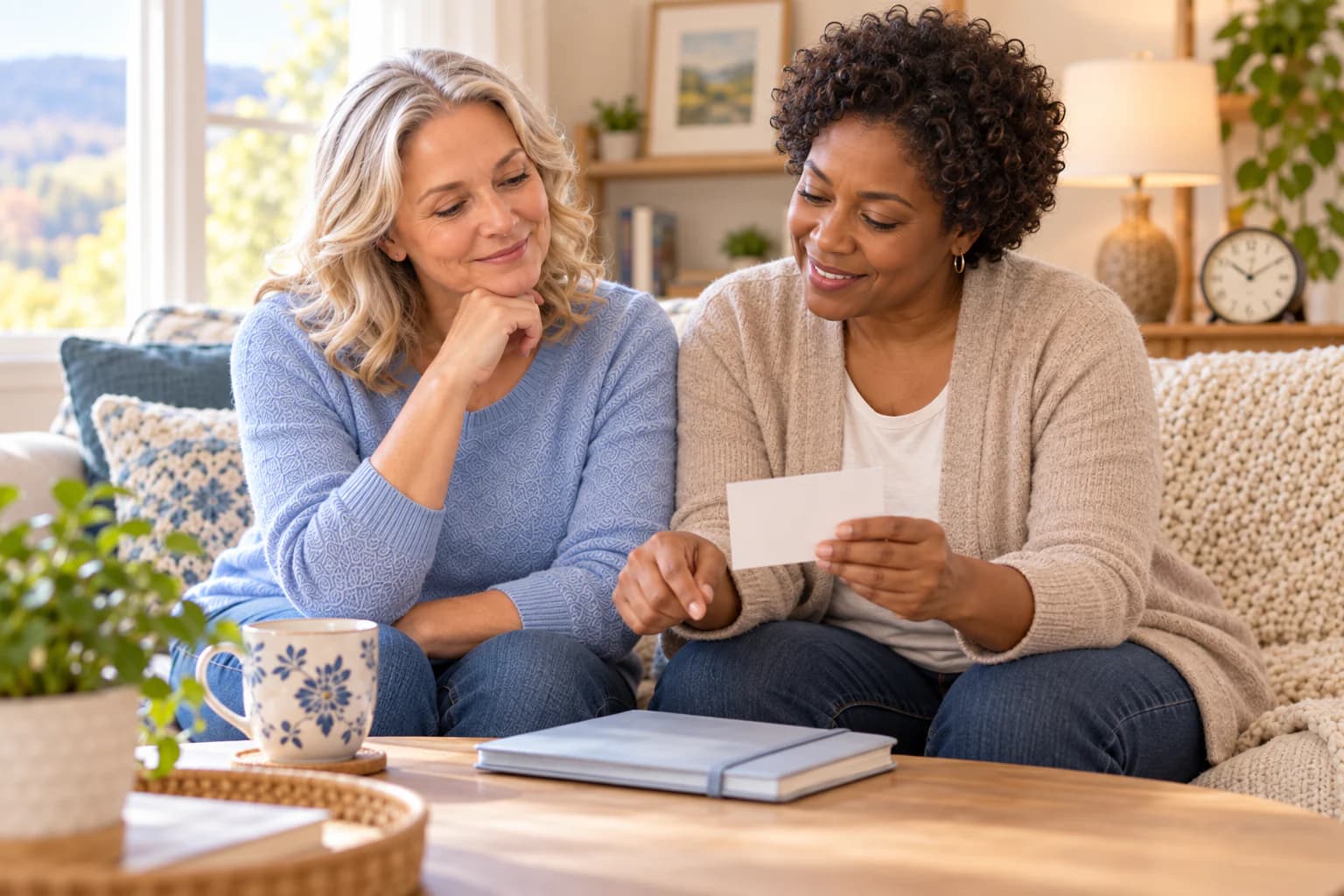 A client and caregiver reviewing a short, plain-language reminder card before a future collection visit.