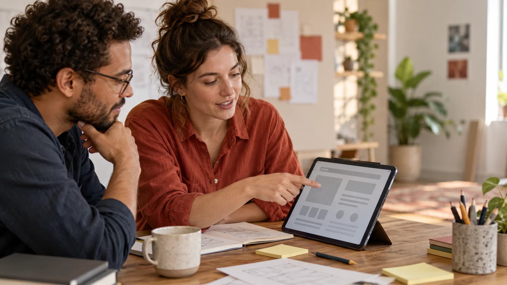 Two teammates review abstract workflow wireframes on a tablet during a work-in-progress planning session.