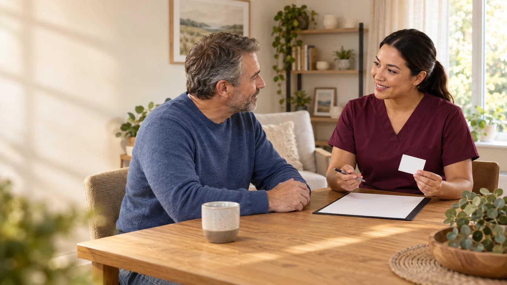 A patient and mobile phlebotomist calmly review a blank identity card and order before collection.