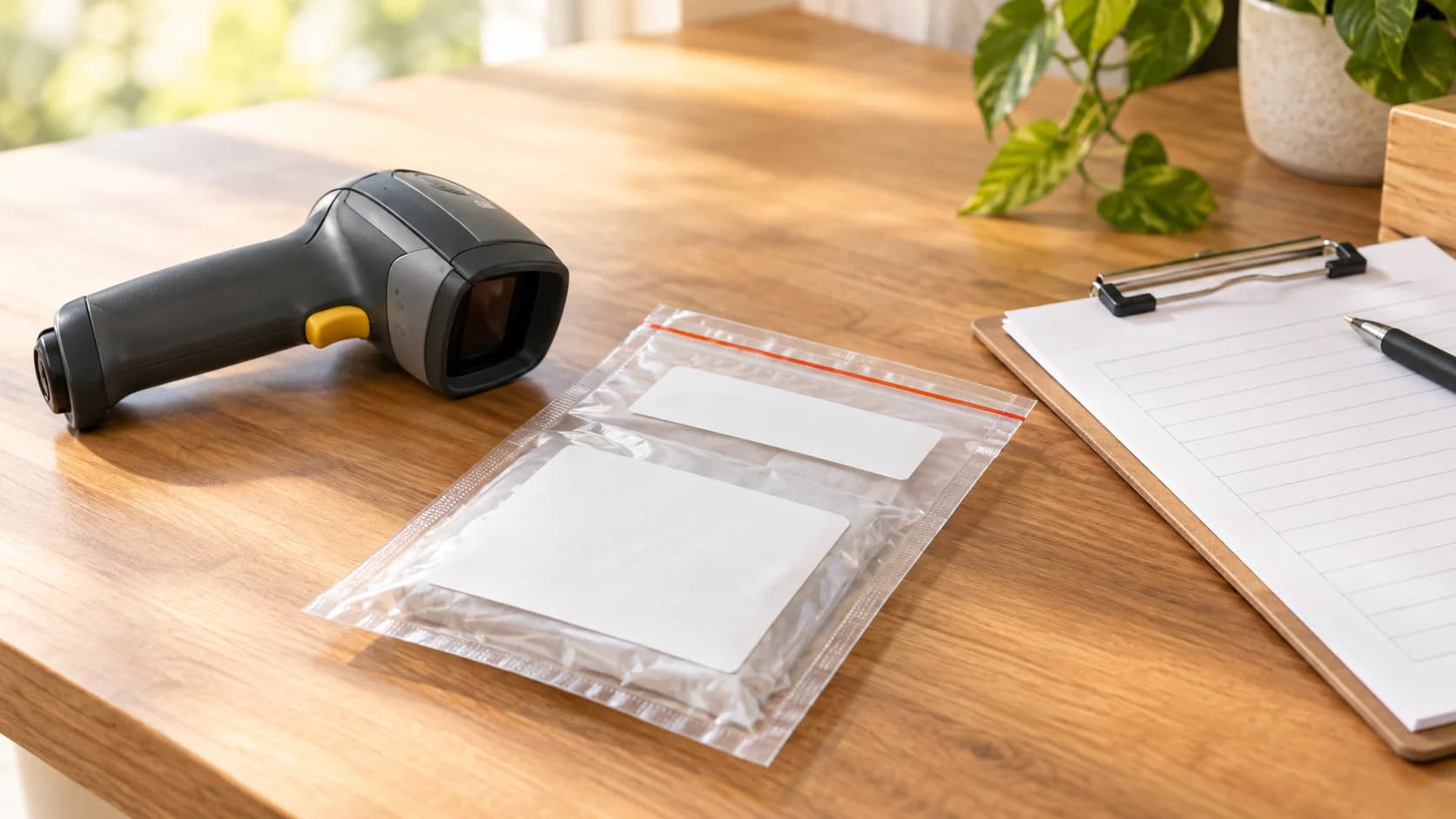 A neutral scanner, blank-labeled sealed pouch and blank clipboard illustrate documented custody.