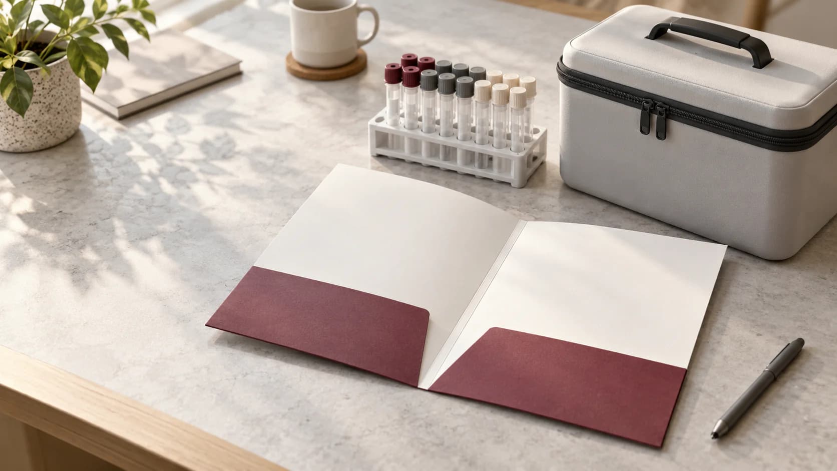 A blank laboratory instruction folder sits beside an empty capped-tube rack and a closed transport case.