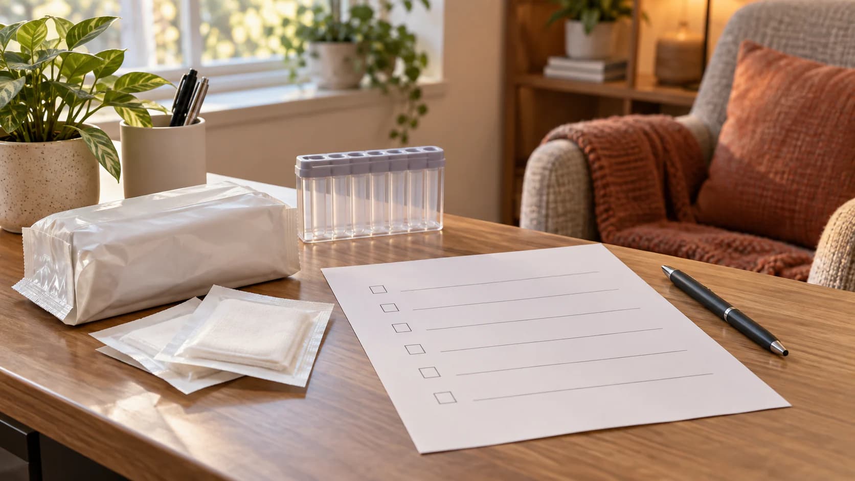 An exception-review workspace shows a blank checklist, unopened supplies and an empty tube holder.