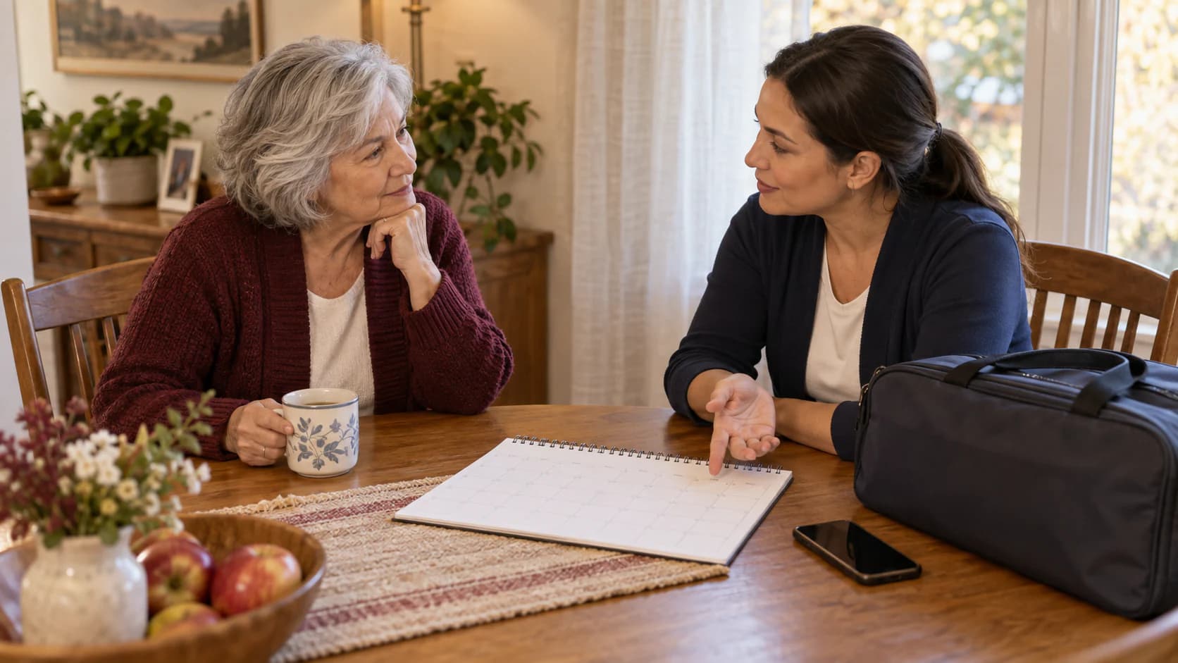 An older homeowner and coordinator discuss a blank calendar and a closed collection bag without a confirmed visit.