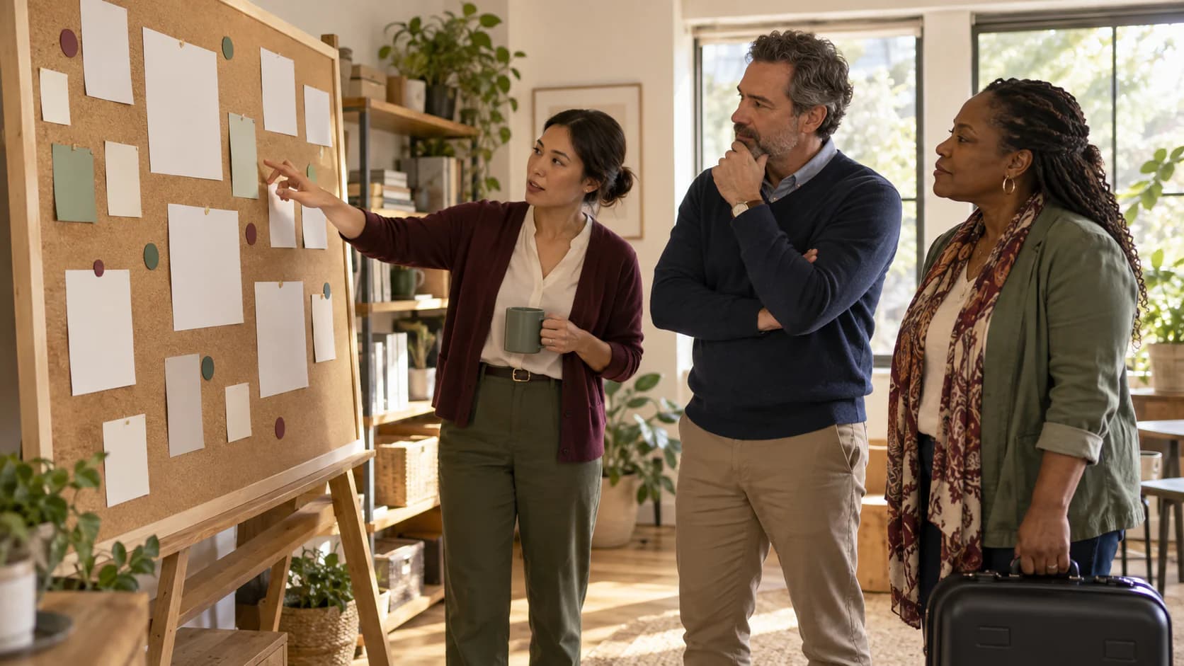 A diverse operations team considers future capacity on a blank planning board.