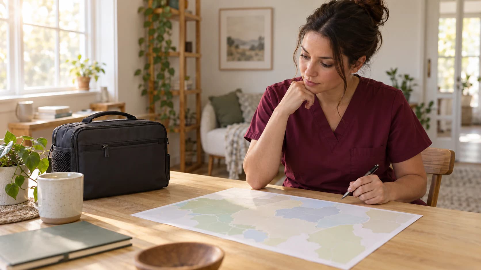A mobile-collection professional considers an unlabeled regional planning map beside a closed travel case.