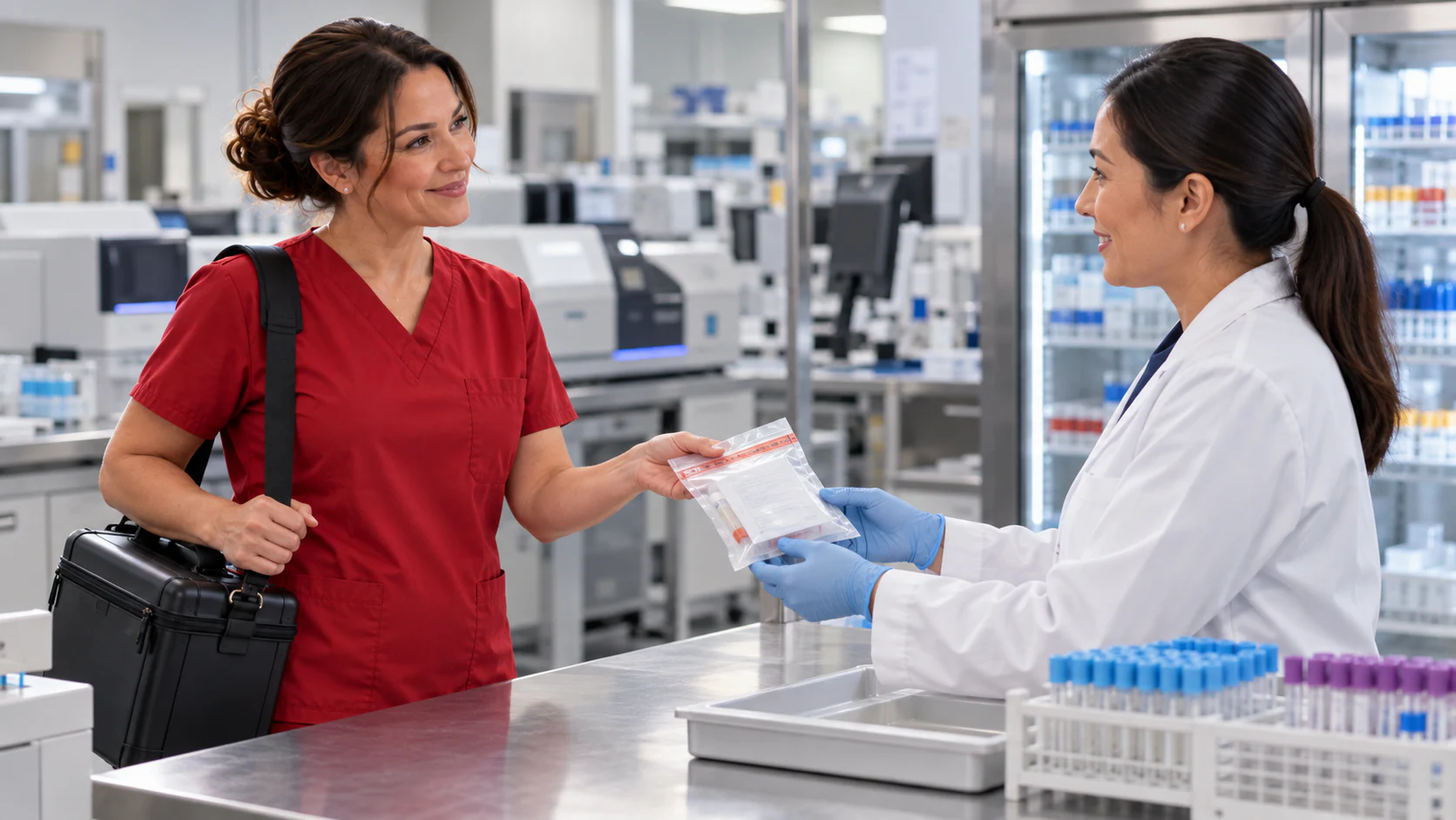 A phlebotomist preparing clearly labeled collection supplies beside a secure transport case for laboratory handoff.