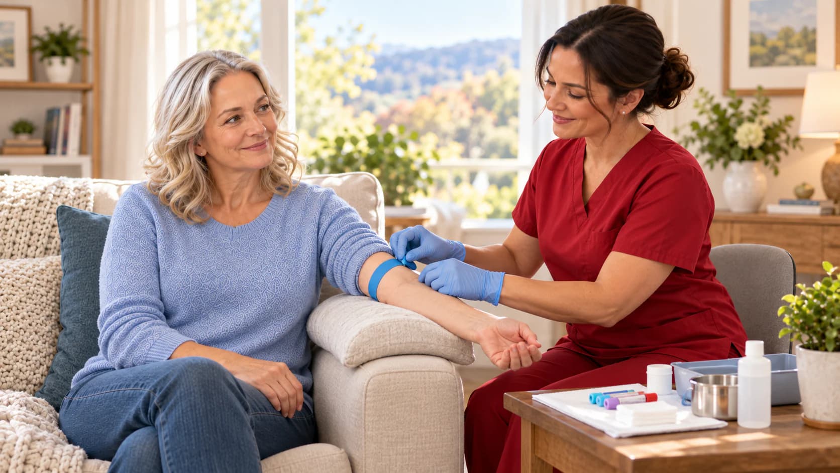 A client and a mobile phlebotomist discussing a planned home blood-draw visit at a kitchen table.