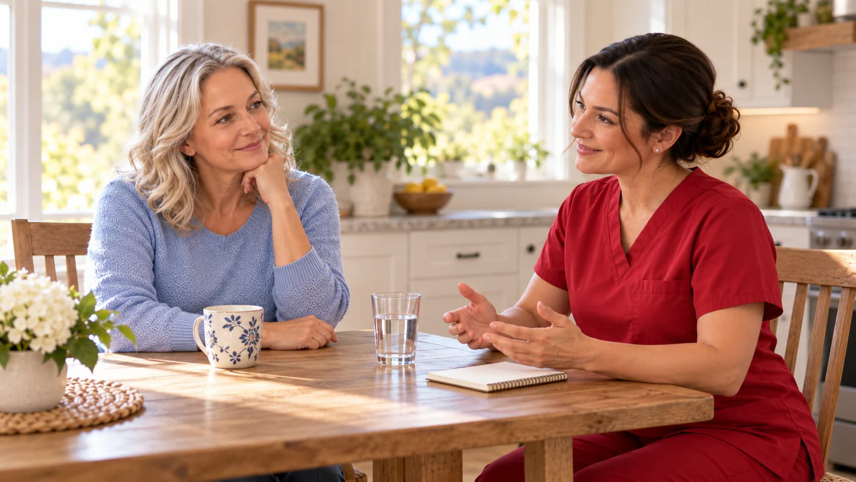 A calm conversation at a table where a clinician explains service boundaries with a simple blank information card.