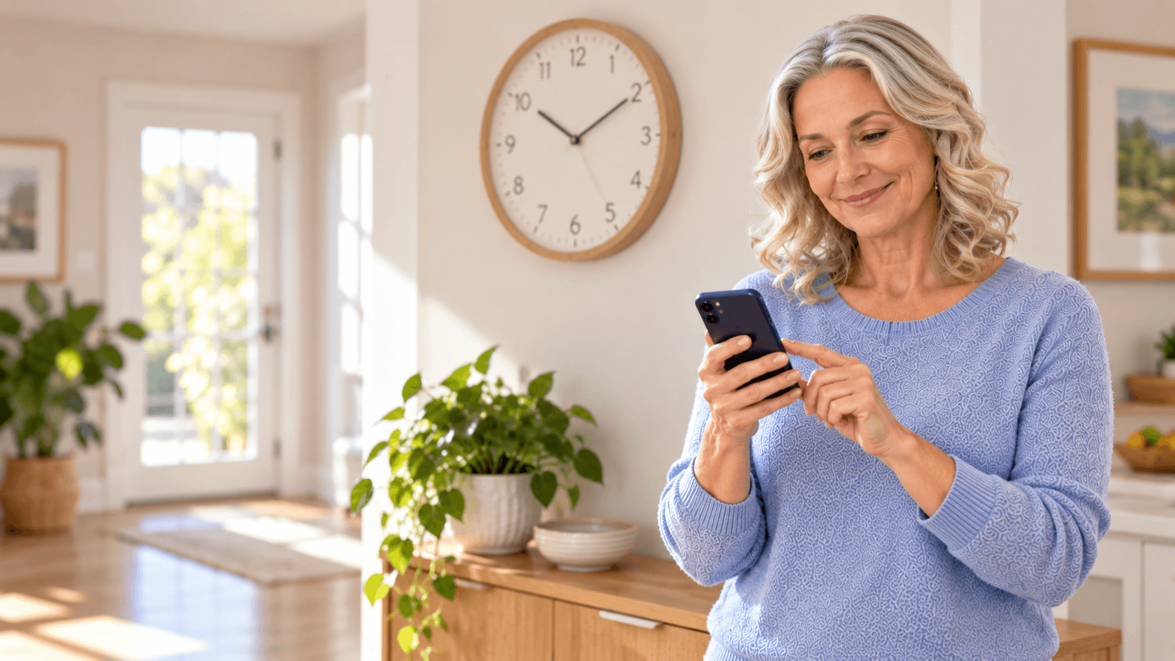 An adult checks a phone beside a wall clock while waiting for a clear service-update response.