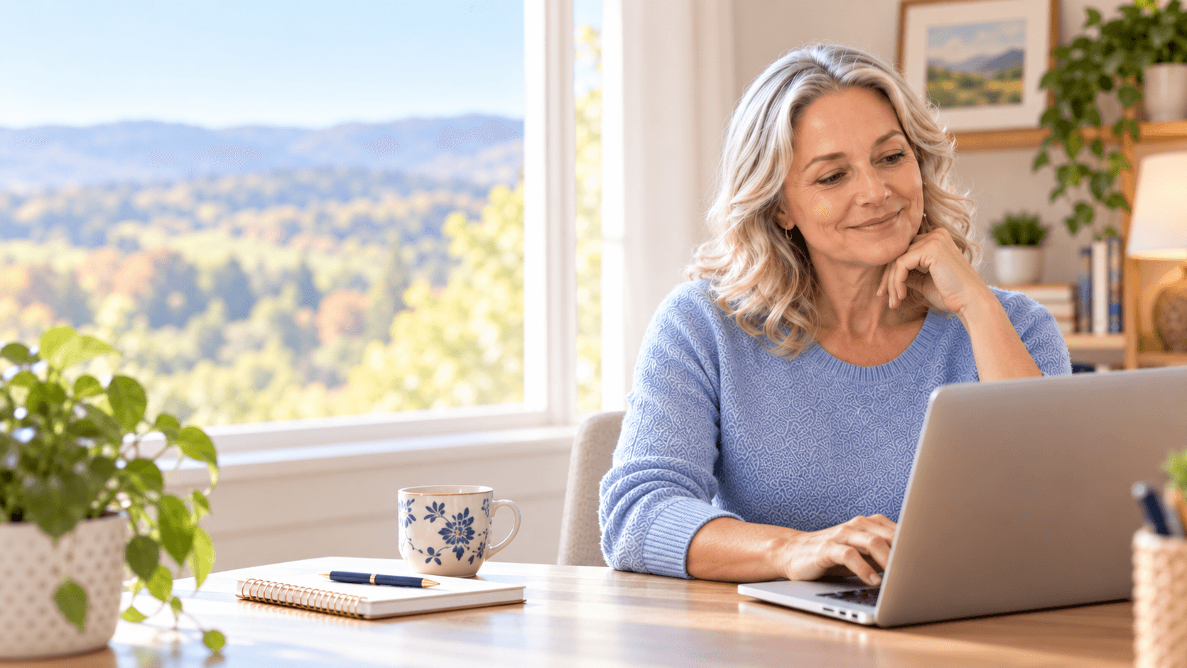 An older adult using a laptop at home to share interest in a future mobile blood collection service.